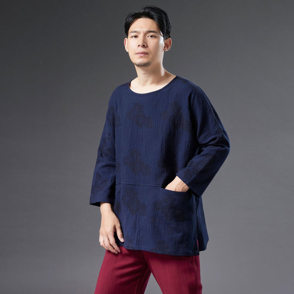 Men Causal Style Round Neck Linen and Cotton bracket 3/4 Sleeve Jacquard Tops