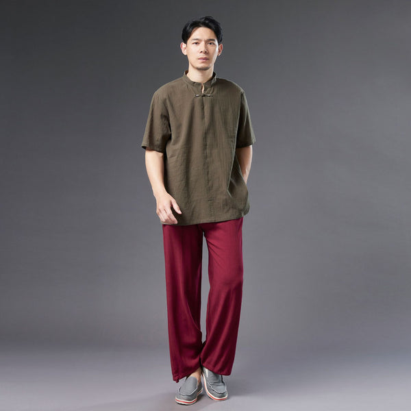 Men Causal Style Round Collar Buckle Linen and Cotton Short Sleeve Tops