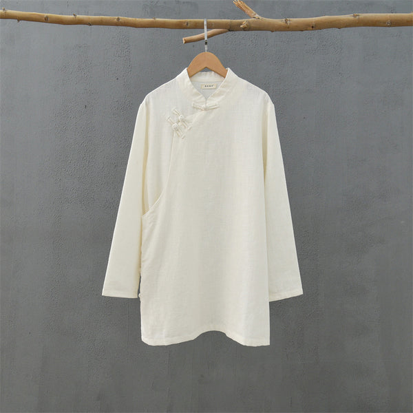 2021 Autumn NEW! Women Simple Retro Style Linen and Cotton Pure Color Top Buckle Blouse Shirt