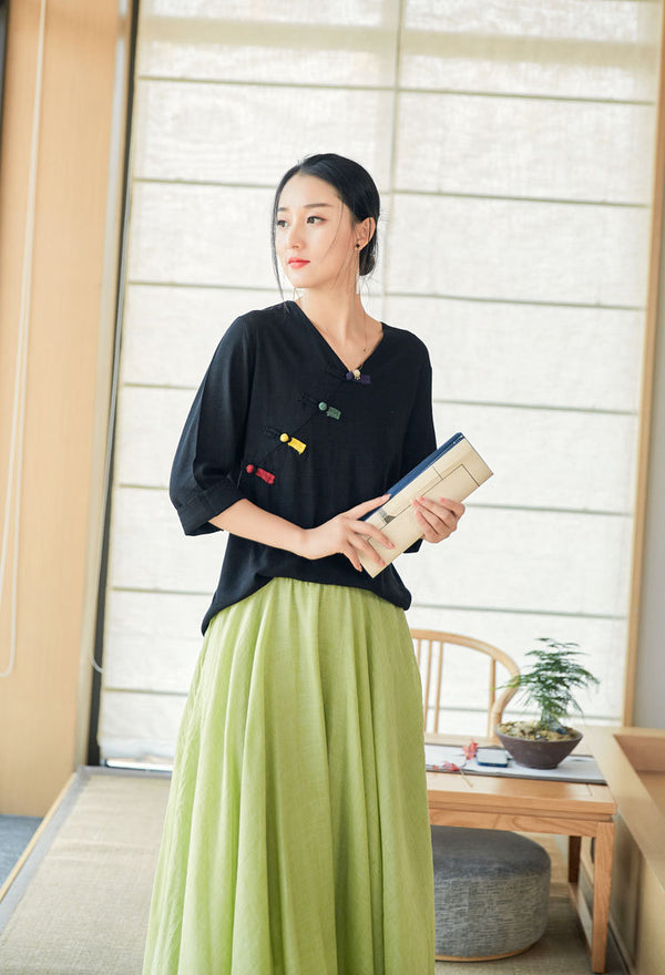 2022 Summer NEW! Women Eastern Style Linen and Cotton Mid Sleeve Shirt