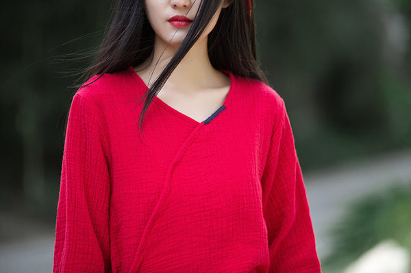 Women Zen Style Linen and Cotton Long Sleeves Side Cardigan Wrinkled Shirt