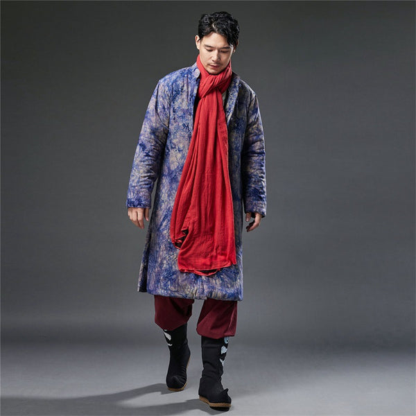 2021 Winter NEW! Men Retro Blue Dyed Linen and Cotton Quilted Tunic Type Coat