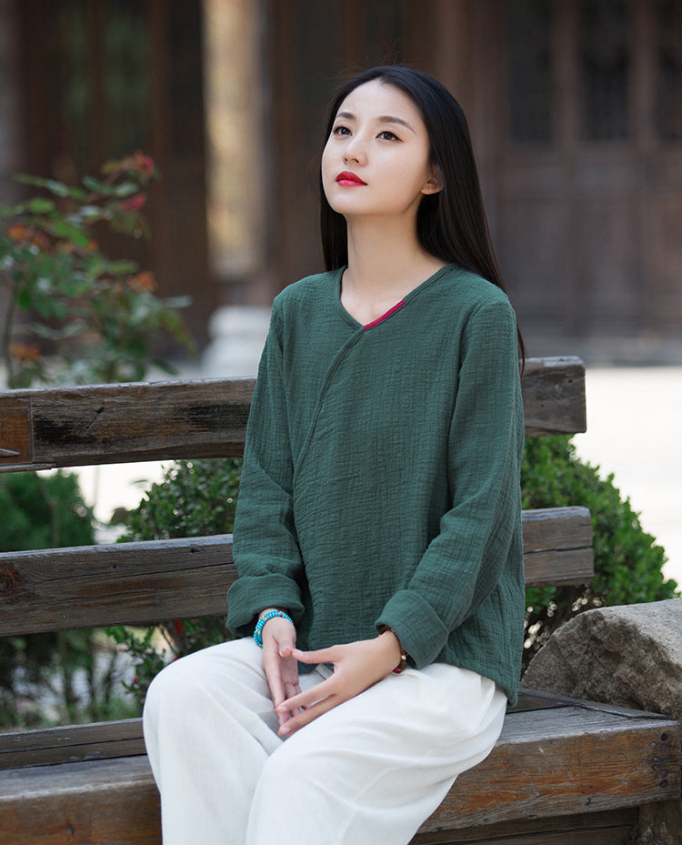 Women Zen Style Linen and Cotton Long Sleeves Side Cardigan Wrinkled Shirt