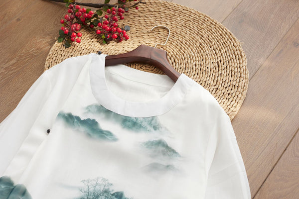 Men Classic Asian Style Linen Long Sleeve Round Neck Landscaping Printed Cheongsam