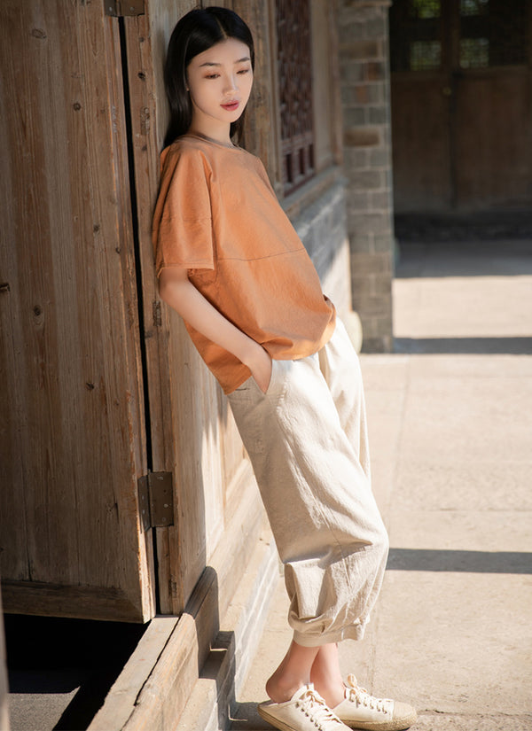 2022 Summer NEW! Women Causal Style Linen and Cotton Round Necked Short Sleeves Shirt