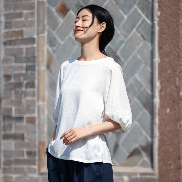 2022 Summer NEW! Women Simple Style Wrinkled Linen and Cotton Middle Sleeves Shirt