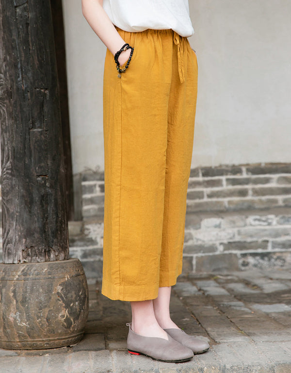 Women Casual Style Linen and Cotton Lantern Cropped Wide Leg Pants