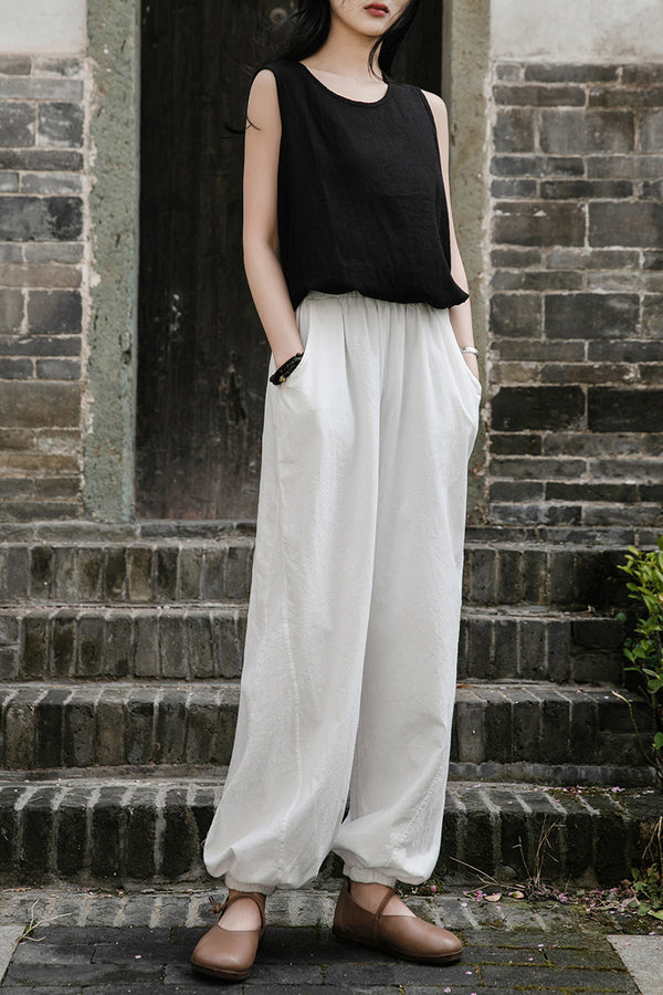 Women Retro Causal Lantern Style Linen and Cotton Patchwork Pants