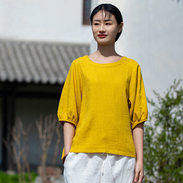 2022 Summer NEW! Women Simple Style Wrinkled Linen and Cotton Middle Sleeves Shirt