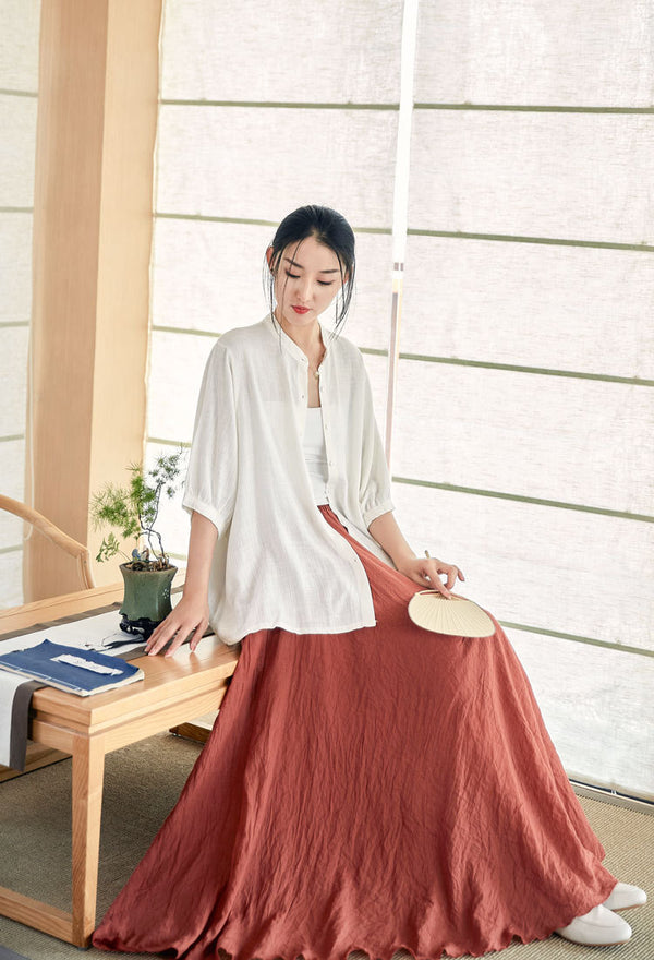 2022 Summer NEW! Women Modern Style Linen and Cotton Round Collar Mid Sleeve Shirt