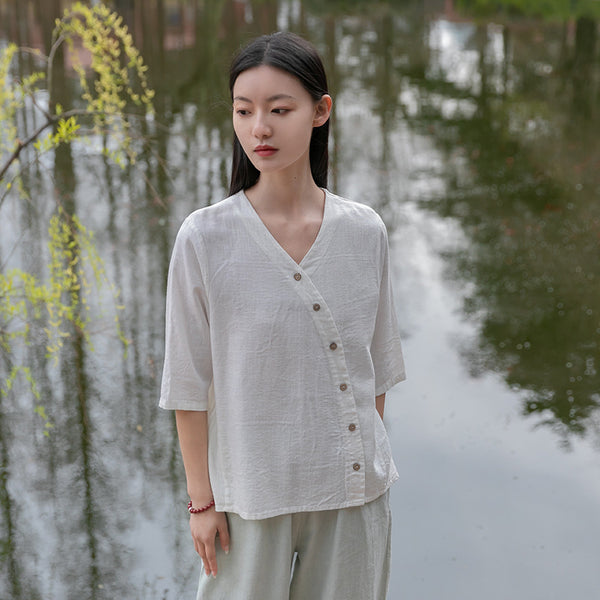 Women Linen and Cotton Middle Sleeves Cardigan Shirt