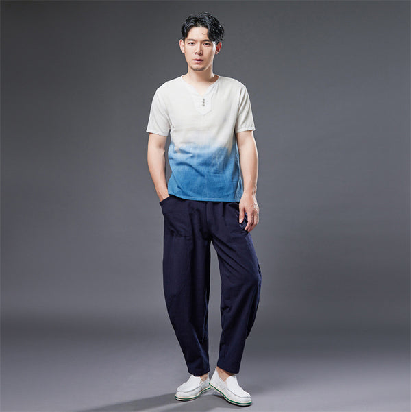 2022 Summer NEW! Men Natural Dyed Linen and Cotton Short Sleeve T-Shirts