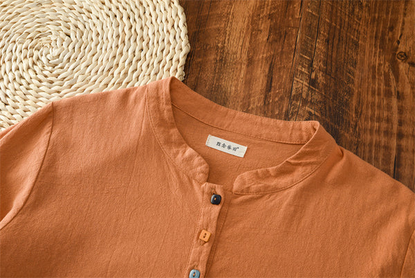 2021 Autumn NEW! Women Simple Light Style Linen and Cotton Pure Color Top Buckle Blouse Shirt