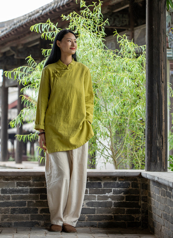 2021 Autumn NEW! Women Simple Retro Style Linen and Cotton Pure Color Top Buckle Blouse Shirt