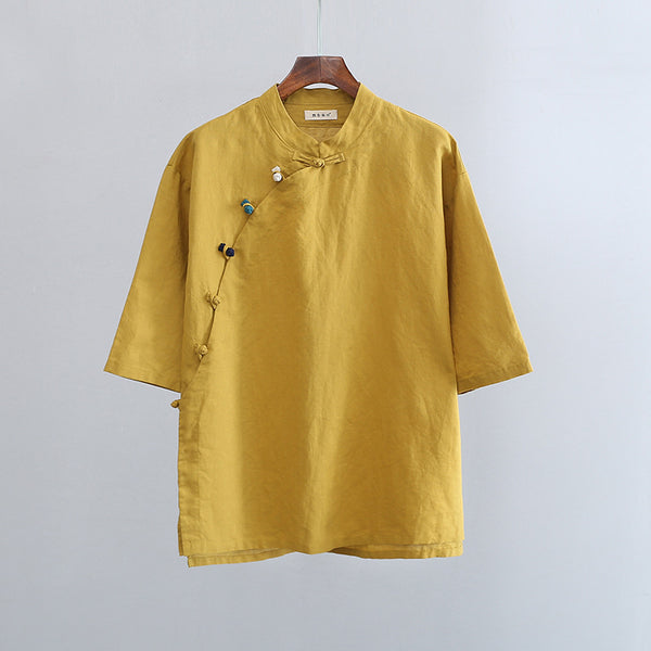 2022 Summer NEW! Women Chinese Ethnic Style Linen and Cotton Mid-length Sleeves Shirt