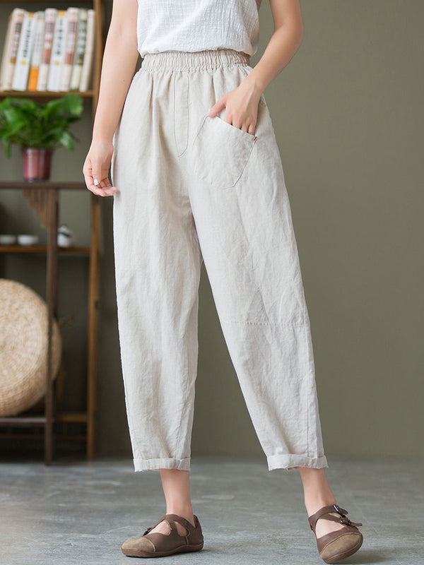 2021 Autumn NEW! Women Lantern Style Linen and Cotton Causal Patchwork Front Pocket Cropped Capris