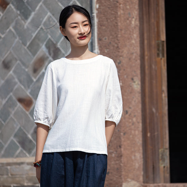 2022 Summer NEW! Women Simple Style Wrinkled Linen and Cotton Middle Sleeves Shirt