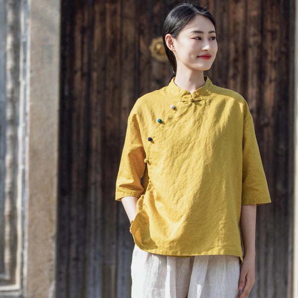 2022 Summer NEW! Women Chinese Ethnic Style Linen and Cotton Mid-length Sleeves Shirt