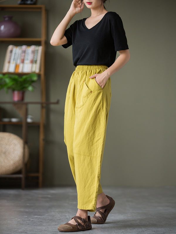 2021 Autumn NEW! Women Lantern Style Linen and Cotton Causal Patchwork Front Pocket Cropped Capris