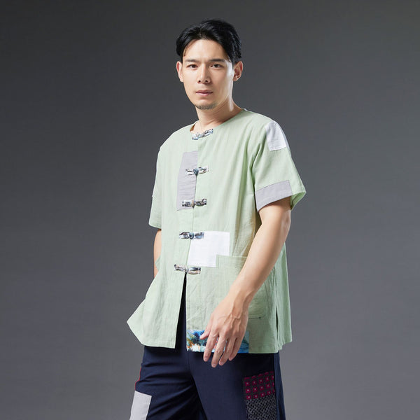 Men Retro Style Linen and Cotton Short Sleeve Patchwork Cardigan Shirts