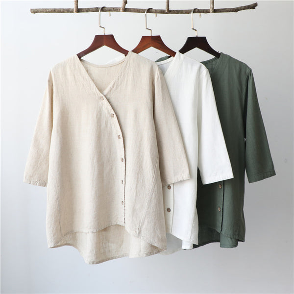 Women Linen and Cotton Middle Sleeves Cardigan Shirt