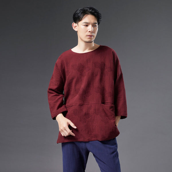 Men Causal Style Round Neck Linen and Cotton bracket 3/4 Sleeve Jacquard Tops