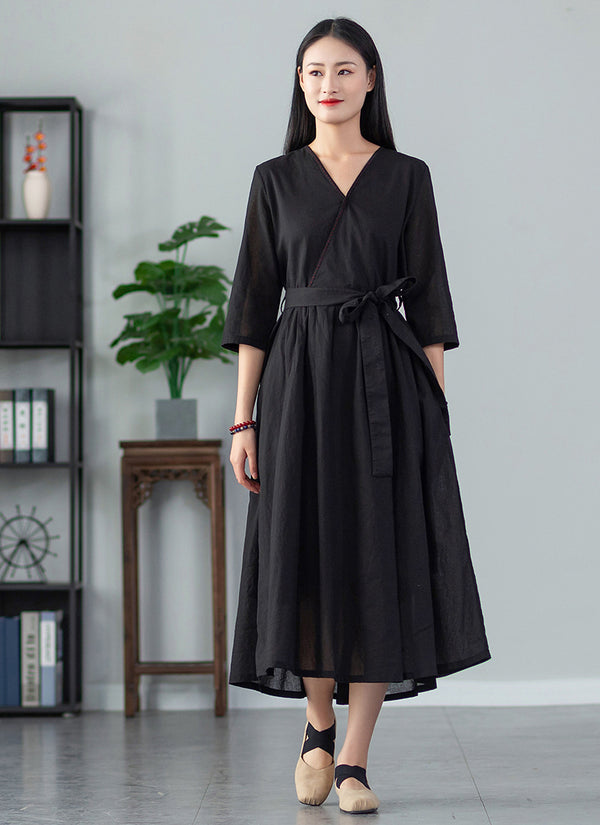2022 Summer NEW! Women Loose Linen and Cotton V-Necked Middle Sleeve Maxi Dress