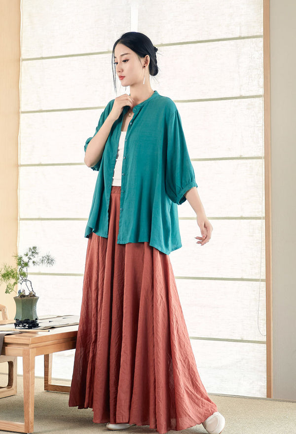 2022 Summer NEW! Women Modern Style Linen and Cotton Round Collar Mid Sleeve Shirt