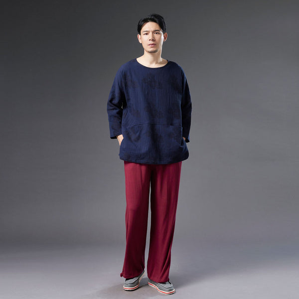 Men Causal Style Round Neck Linen and Cotton bracket 3/4 Sleeve Jacquard Tops