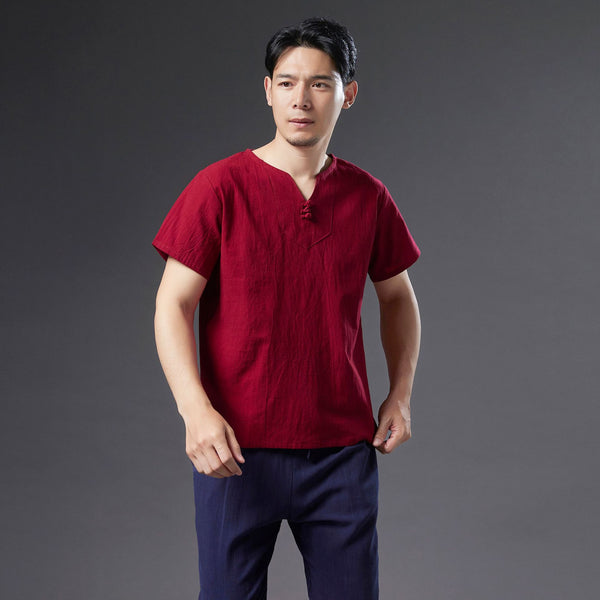 Men Causal Style V Neck Buckle Linen and Cotton Short Sleeve Tops