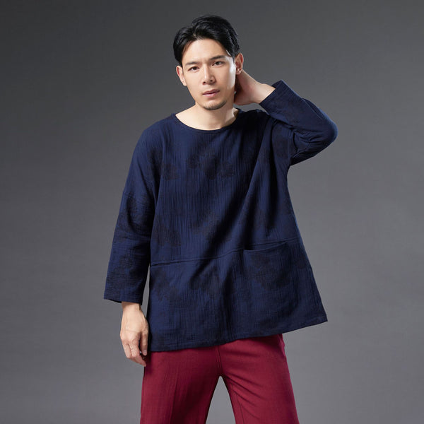 Men Causal Style Round Neck Linen and Cotton bracket 3/4 Sleeve Jacquard Tops