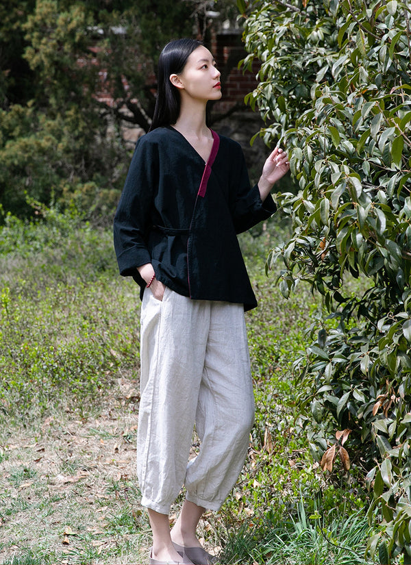 Women V-necked Zen Style Linen and Cotton Long Sleeves Cardigan Shirt