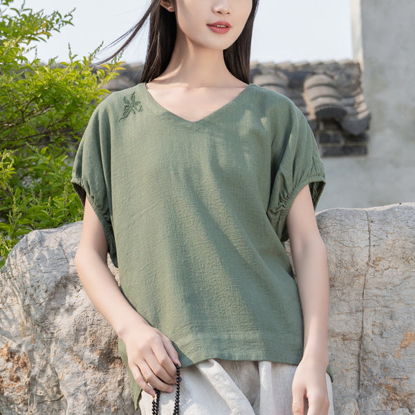 2022 Summer NEW! Women Retro Style Linen and Cotton V-Necked Short Sleeves Shirt