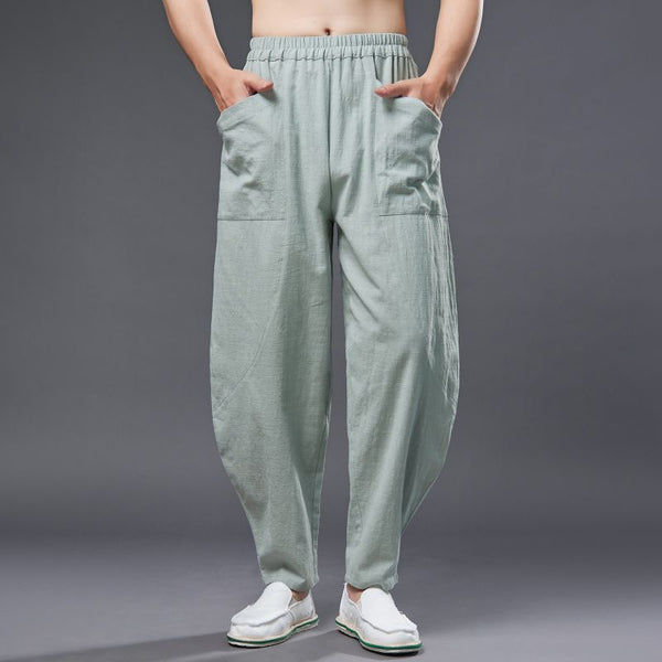 2022 Summer NEW! Men Causal Style Linen and Cotton Big Pockets Small Leg Pants
