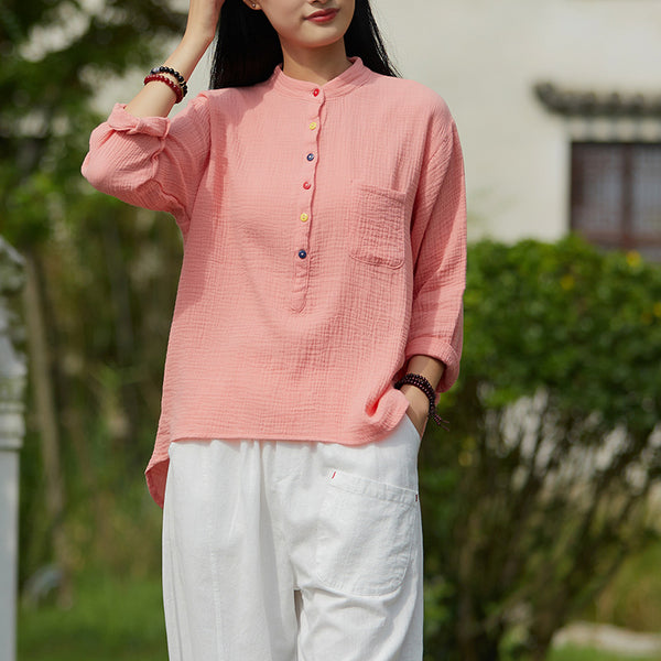 2021 Autumn NEW! Women Simple Light Style Linen and Cotton Pure Color Top Buckle Wrinkled Blouse Shirt