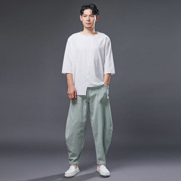 2022 Summer NEW! Men Causal Style Linen and Cotton Big Pockets Small Leg Pants
