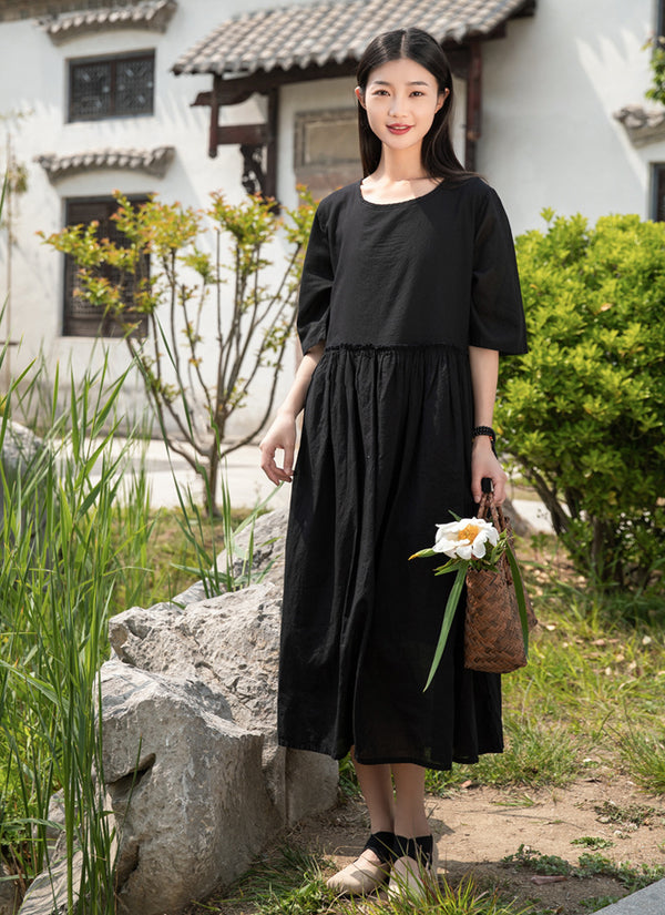 2022 Summer NEW! Women Loose Linen and Cotton Round Neck Middle Sleeve Maxi Dress