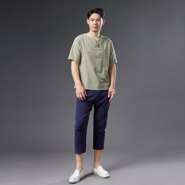 Men Causal Round Neck Style Linen and Cotton Short Sleeve Tops