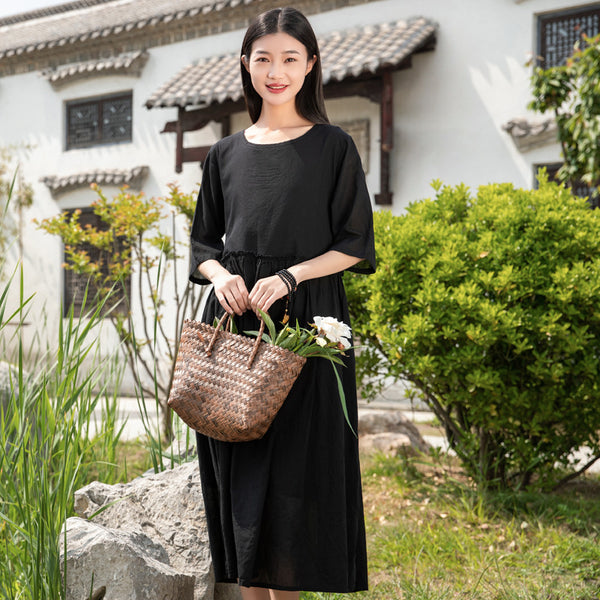 2022 Summer NEW! Women Loose Linen and Cotton Round Neck Middle Sleeve Maxi Dress