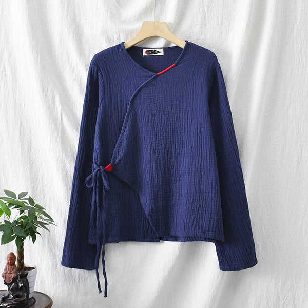 Women Zen Style Linen and Cotton Long Sleeves Side Cardigan Wrinkled Shirt