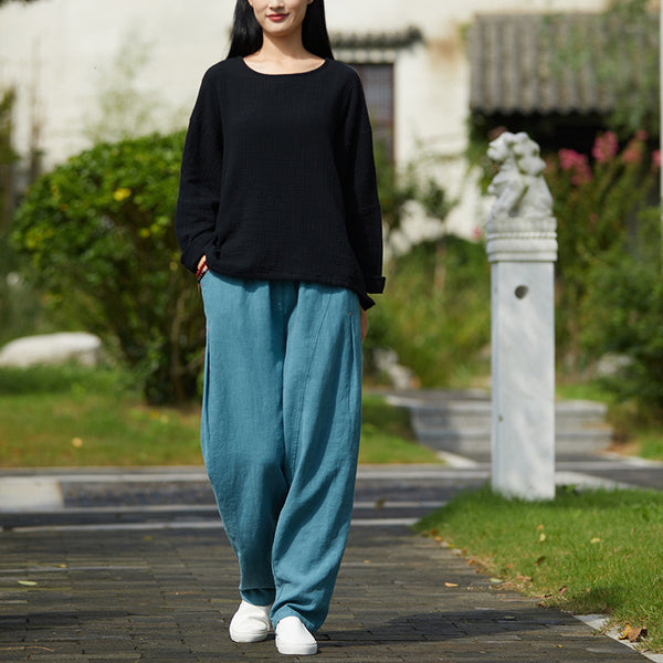 2021 Autumn NEW! Women Simple Loose Style Linen and Cotton Pure Color Round Neck T-Shirt