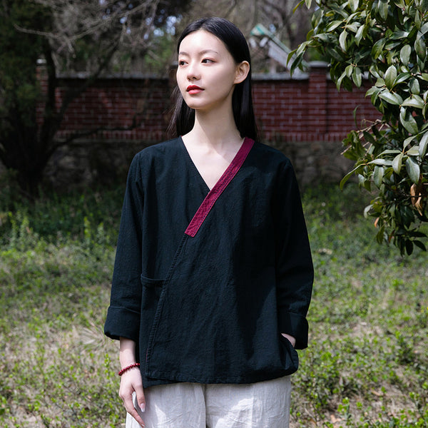 Women V-necked Zen Style Linen and Cotton Long Sleeves Cardigan Shirt
