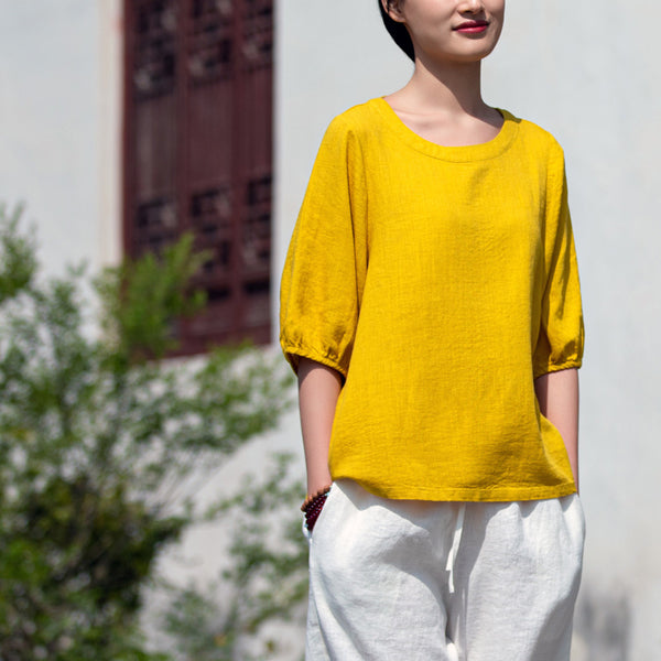 2022 Summer NEW! Women Simple Style Wrinkled Linen and Cotton Middle Sleeves Shirt