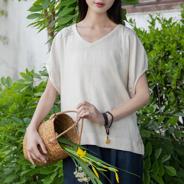 2022 Summer NEW! Women Retro Style Linen and Cotton V-Necked Short Sleeves Shirt
