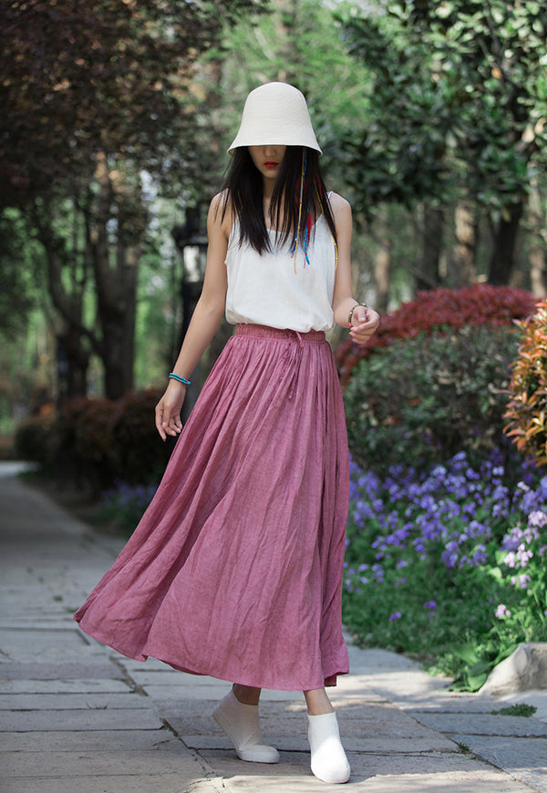 Women Simple Linen and Cotton Loose Accordion Skirt