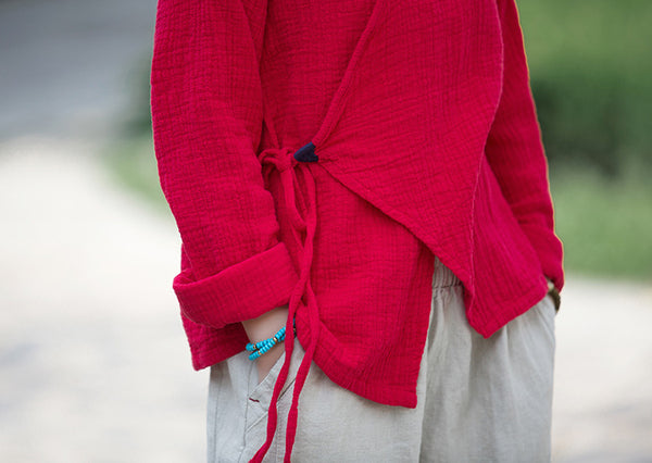 Women Zen Style Linen and Cotton Long Sleeves Side Cardigan Wrinkled Shirt