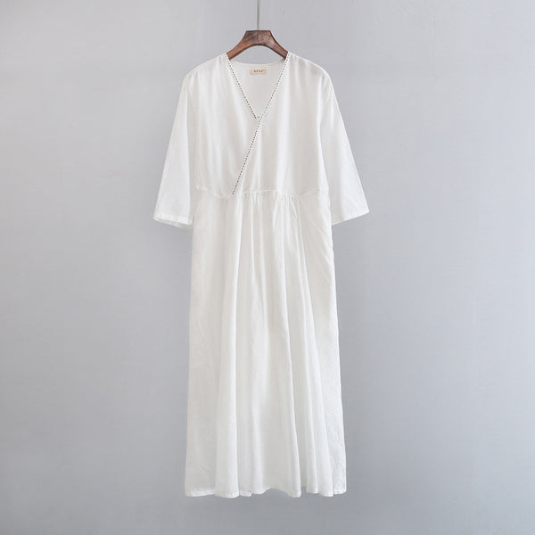 2022 Summer NEW! Women Loose Linen and Cotton V-Necked Middle Sleeve Maxi Dress