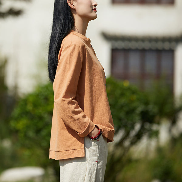 2021 Autumn NEW! Women Simple Light Style Linen and Cotton Pure Color Top Buckle Blouse Shirt