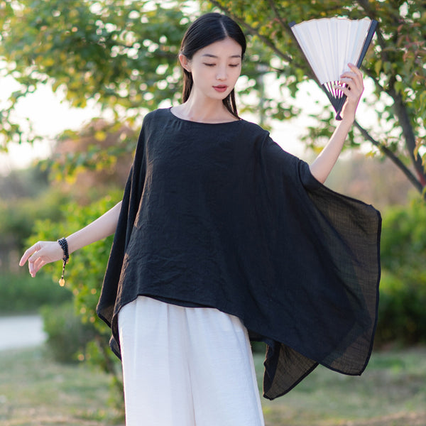 2022 Summer NEW! Women Modern Loose Style Linen and Cotton Round Necked Short Sleeves Shirt