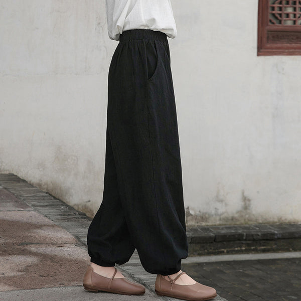 Women Retro Causal Lantern Style Linen and Cotton Patchwork Pants